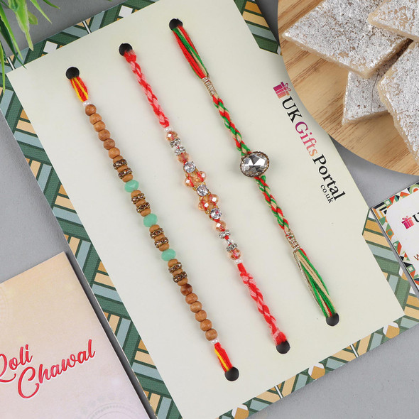 Traditional 3 Rakhi Set with Kaju Katli Sweet - For USA