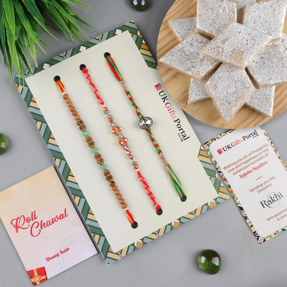 Traditional 3 Rakhi Set with Kaju Katli Sweet - For USA