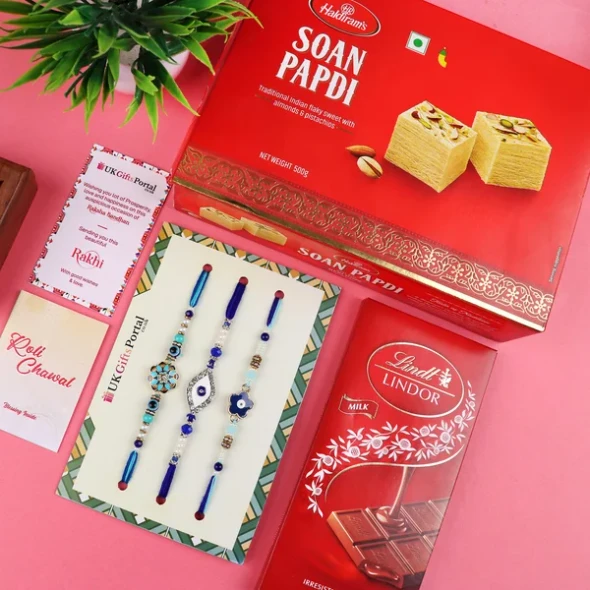 Dazzling Set of 3 Rakhis with Soan Papdi & Lindt - For USA