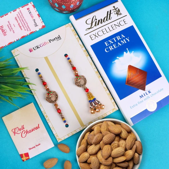 Red Bhaiya Bhabhi Rakhi with Lindt & Almond - For UK