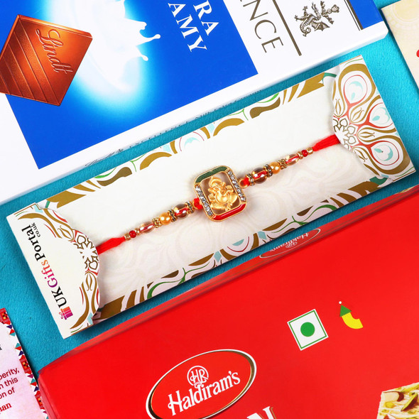 Golden Ganesha Rakhi Chocolate Sweet Hamper - For USA
