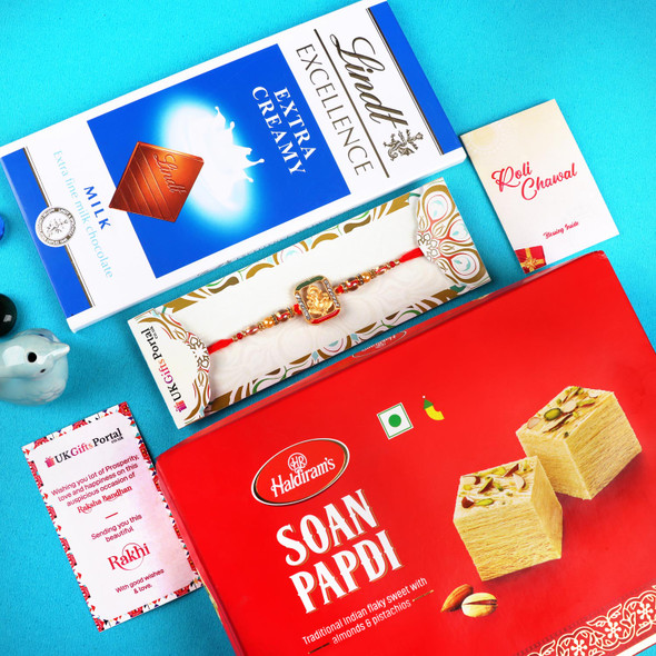 Golden Ganesha Rakhi Chocolate Sweet Hamper - For USA
