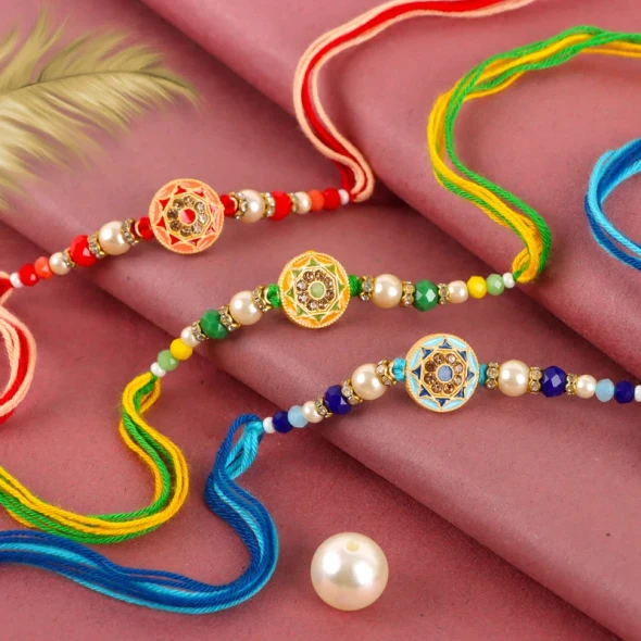 Amazing Colourful Three Rakhi Set with Lindt Truffle - For USA
