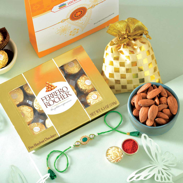 Green Designer Rakhi with Ferrero & Almond - For Australia