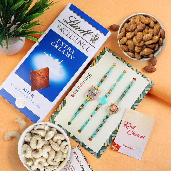 Designer Florence 3 Rakhi Set with Lindt & Dry Fruits - For Australia