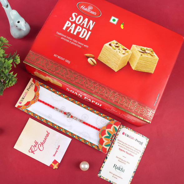 Splendiferous Diamond Rakhi with Soan Papdi - For UK