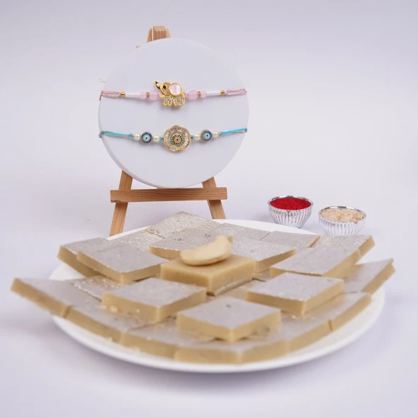 Designer Rakhi with Kaju Katli Gift Box - For INDIA