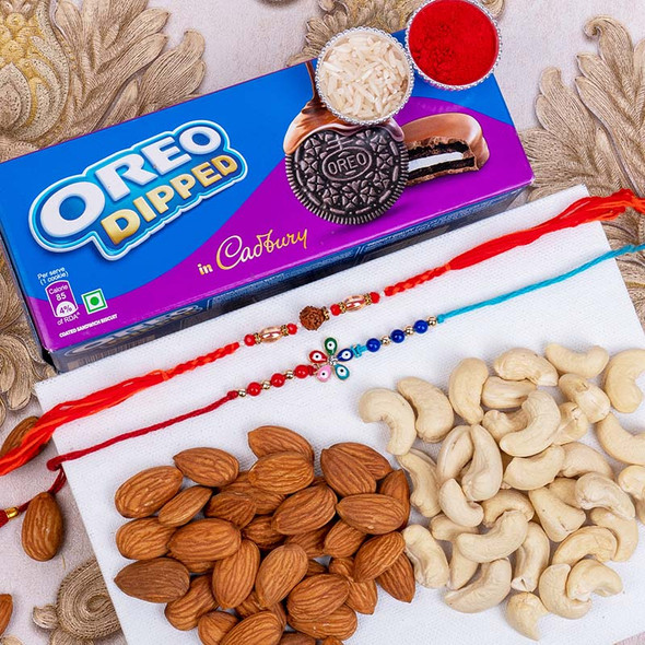 Set of 2 Rakhis with Oreo Cookies and Dry Fruits - For INDIA