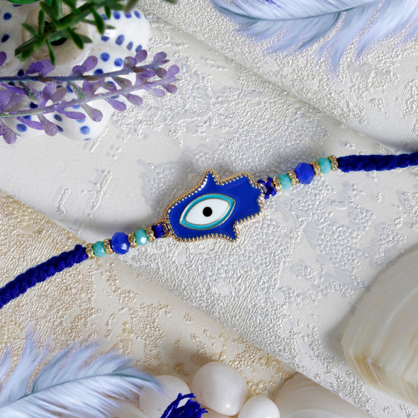 Blue Hamsa Rakhi with Chocolate & Dry Fruit - For Singapore