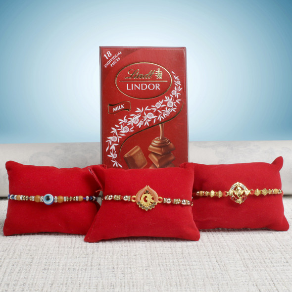 Ravishing Set of 3 Rakhi n Chocolate - For Singapore