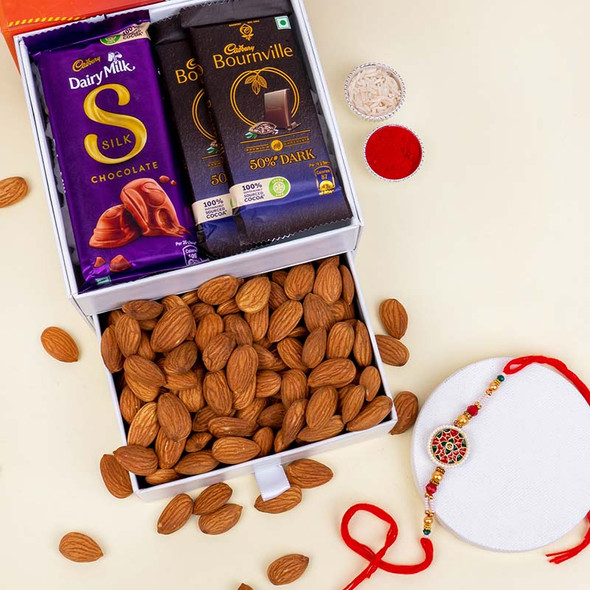 Designer Rakhi with Almonds and Cadbury Chocolates - For INDIA