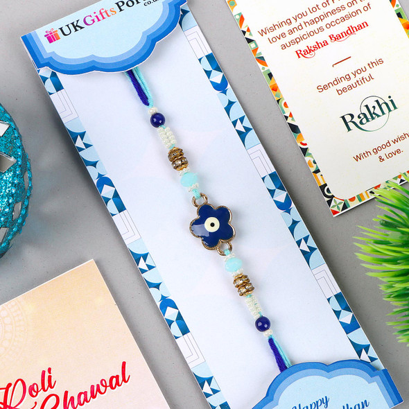 Blue Evil Eye Designer Rakhi Sweet Chocolate Combo - For UK