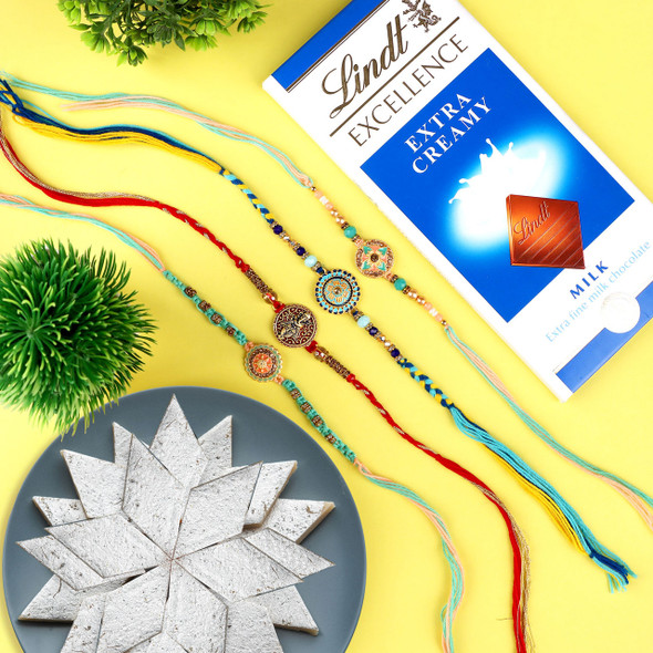 Designer 4 Rakhi Set with Kaju Katli & Lindt - For Canada