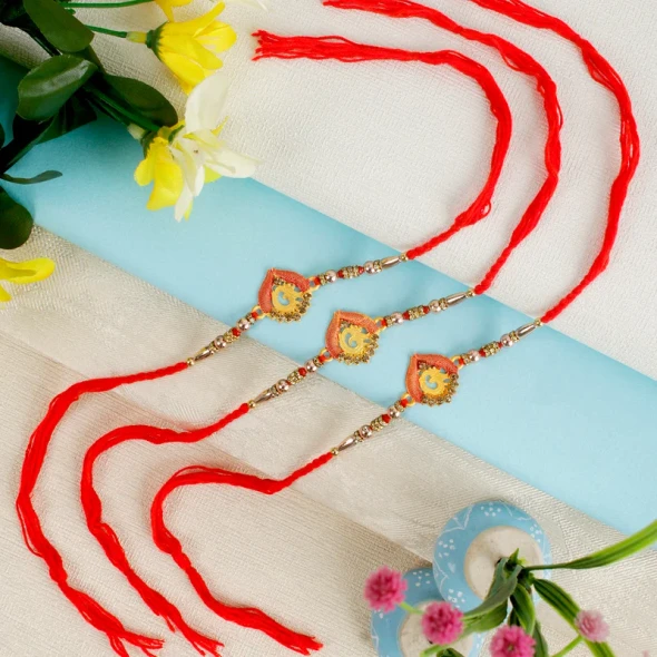 Religious Set of 3 Golden Aum Rakhi - For UK