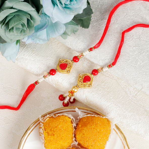 Red Bhaiya Bhabhi Rakhi n Sweet Combo - For Australia