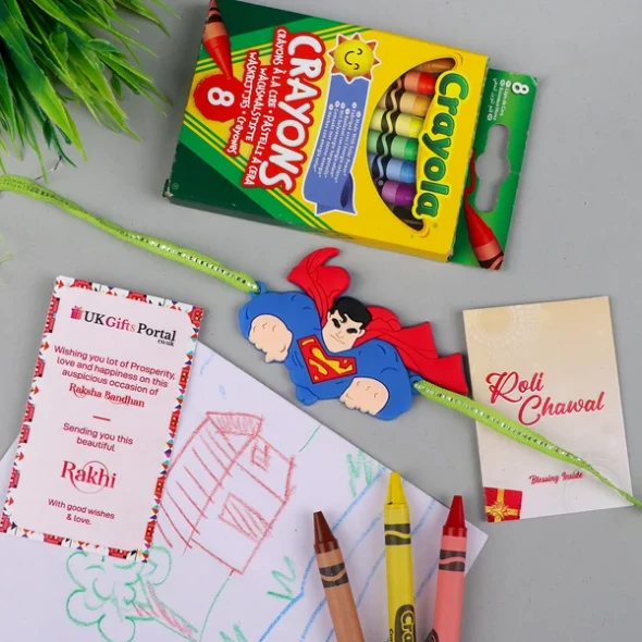 Superman Kid's Rakhi with Crayons set- For USA