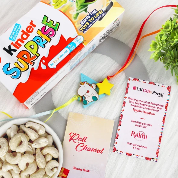 Unicorn Kids Rakhi with 3 Pcs Kinder Joy Eggs & Cashew - For UK