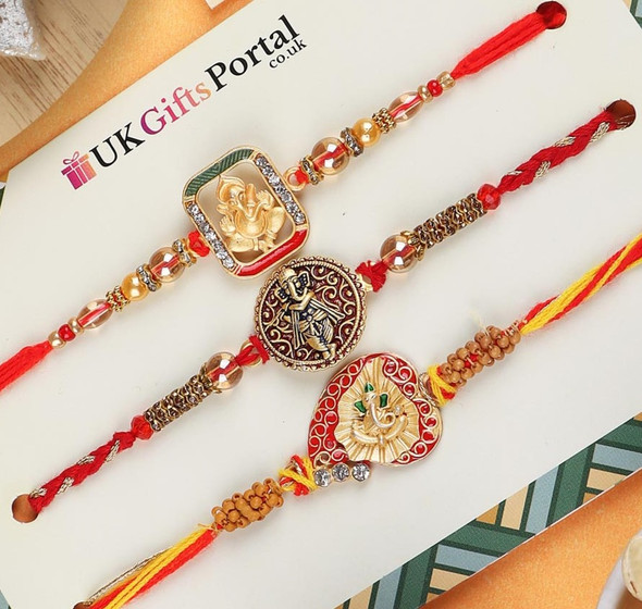 Ethnic Ganesha Designer Set of 3 Rakhi Hamper - For USA