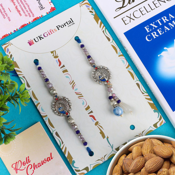 Blue Designer Bhai Bhabhi Rakhi & Lindt n Almond - For USA