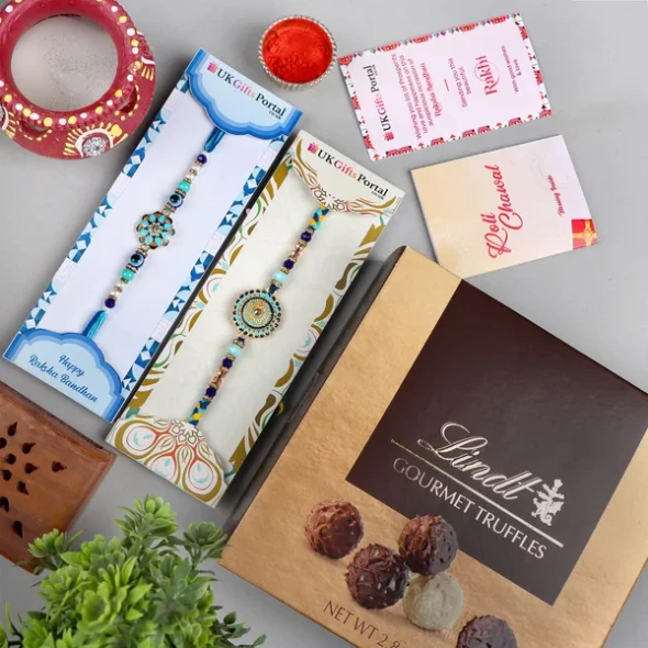 Set of 2 Blue Rakhi with Lindt Truffle Chocolate - For USA