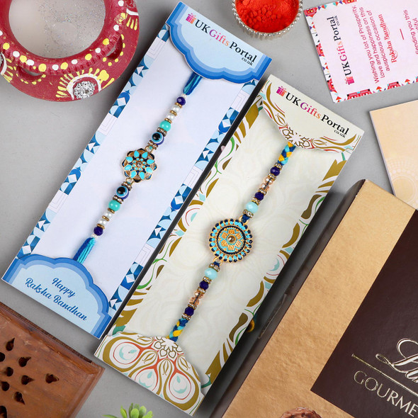 Set of 2 Blue Rakhi with Lindt Truffle Chocolate - For USA