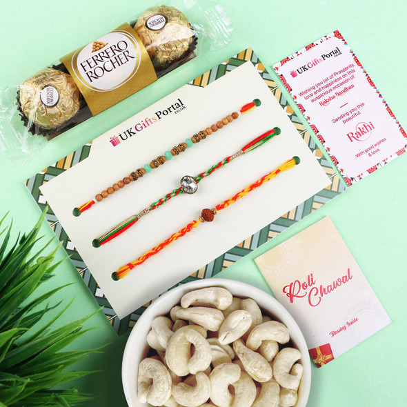 Traditional Rakhis with Cashew & 3 Pcs Ferrero Rocher- For USA