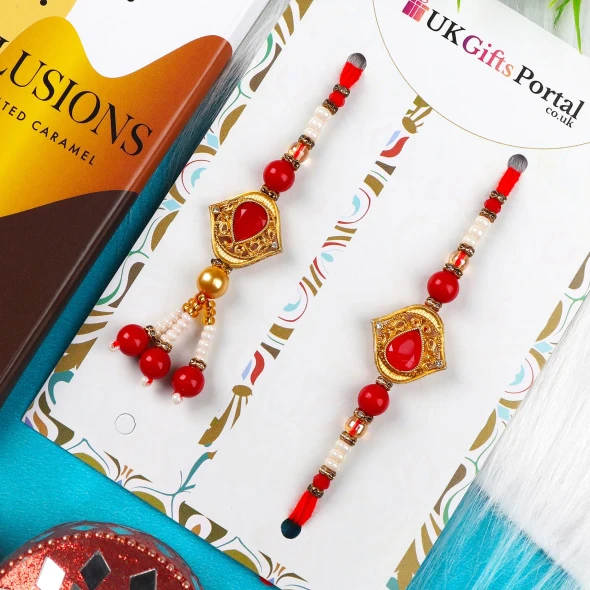 Red Bhaiya Bhabhi Designer Rakhi Set with Chocolate - For UK