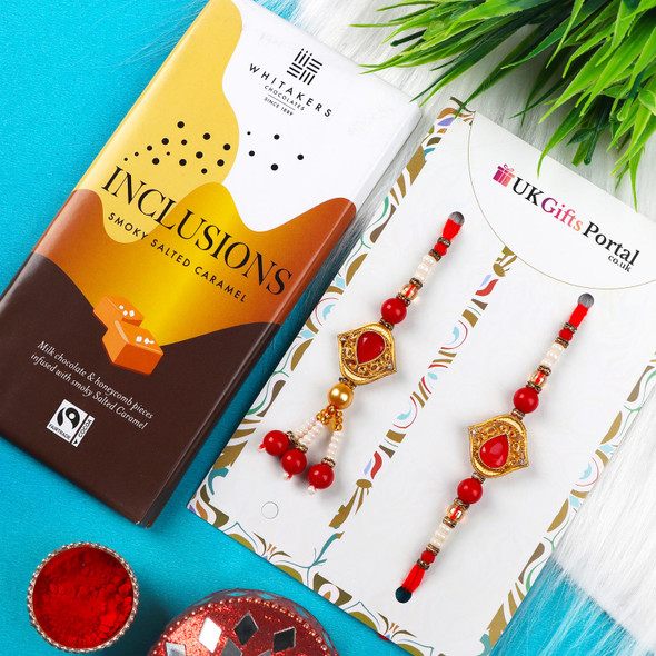 Red Bhaiya Bhabhi Designer Rakhi Set with Chocolate - For UK