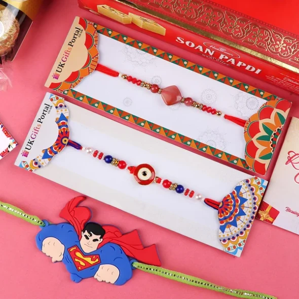 Set of 3 Rakhi with Soan Papdi & 3 Pcs Ferrero - For USA