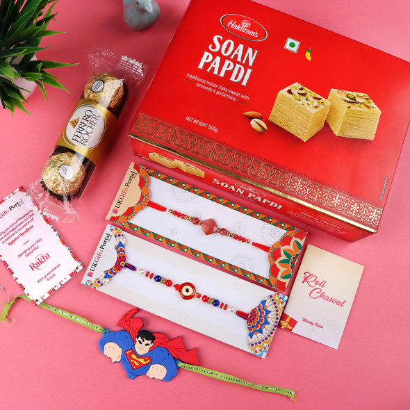 Set of 3 Rakhi with Soan Papdi & 3 Pcs Ferrero - For USA