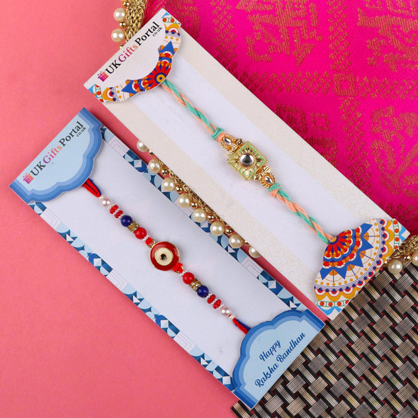 Designer Puja Thali with 2 Rakhi Set n Almond - For USA