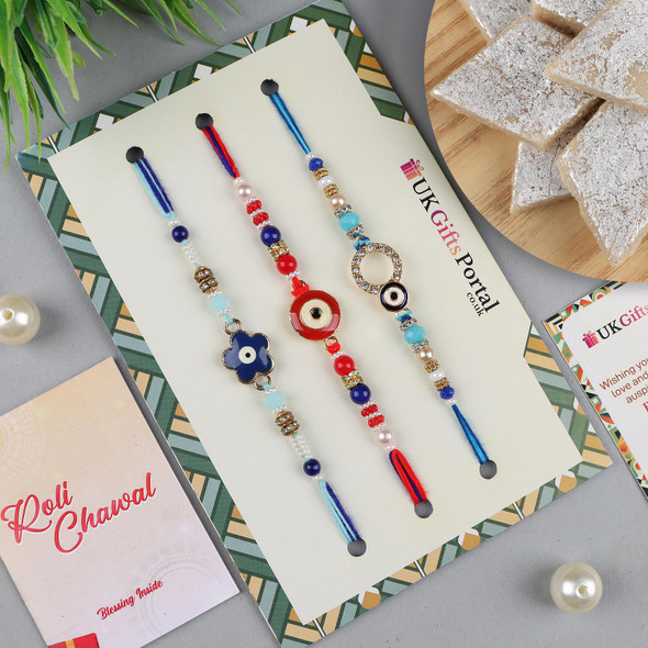 Set of 3 Evil Eye Rakhis with Kaju Katli - For USA