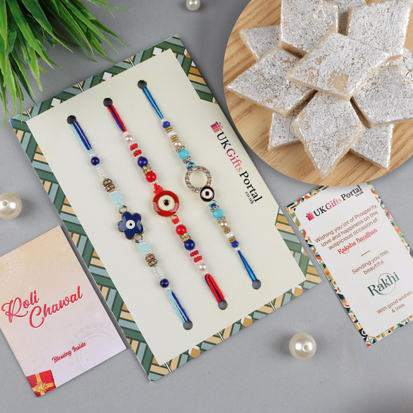 Set of 3 Evil Eye Rakhis with Kaju Katli - For USA