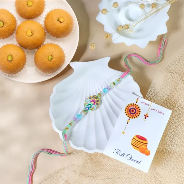 Crystal Beads Rakhi with Besan Ladoo Sweet - For UK