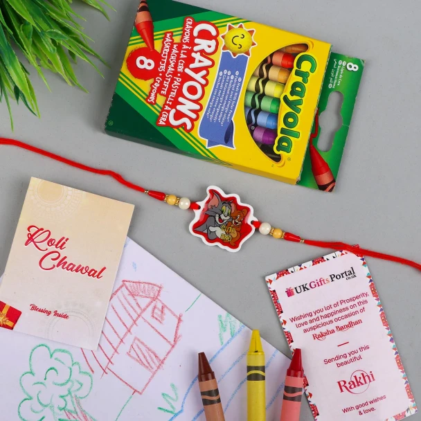 Tom & Jerry Kids Rakhi with Crayons 8 Pack - For UK
