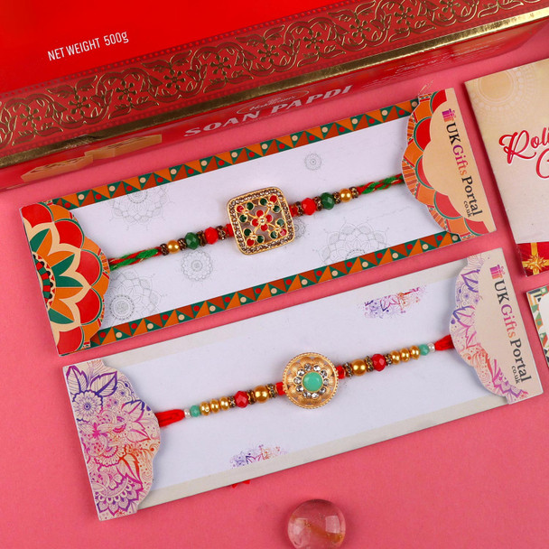 Set of 2 Dazzling Rakhis with Soan Papdi - For UK