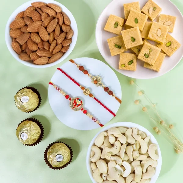Ethnic Rakhi Set with Sweets, Dry Fruits & Ferrero - For UK