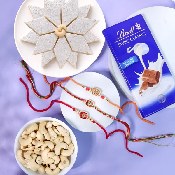 Kundan Rakhi Set with Kaju Katli & Cashews - For UK