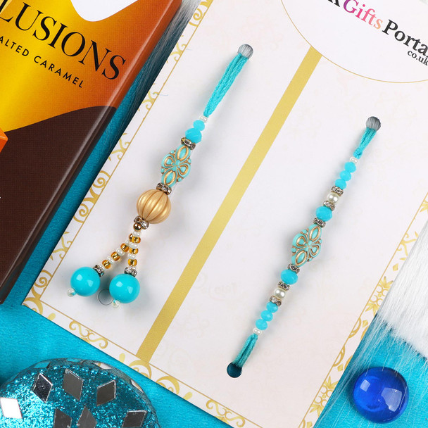 Sky Blue Bhaiya Bhabhi Rakhi & Smoky Salted Chocolate - For UK