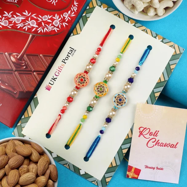 Pleasant 3 Rakhi Set with Dry Fruits & Lindt Chocolate - For UK