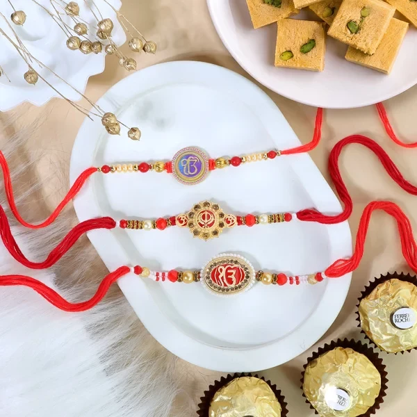 Ik Onak 3 Rakhi Set with Soan Papdi & Ferrero Rocher - For UK