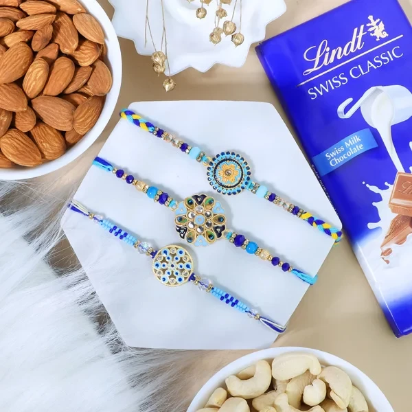 Blue Floral Rakhi Set with Lindt & Dry Fruits - For UK