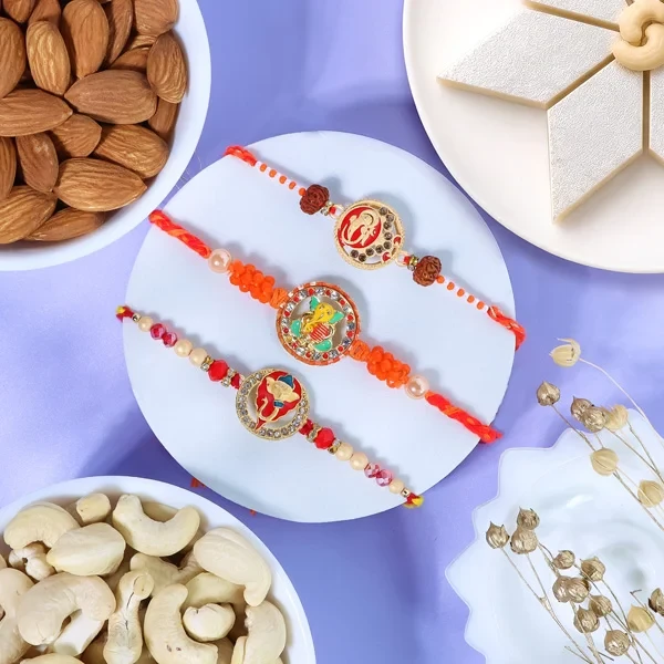 Set of 3 Ganesha Rakhi with Kaju Katli Hamper - For UK