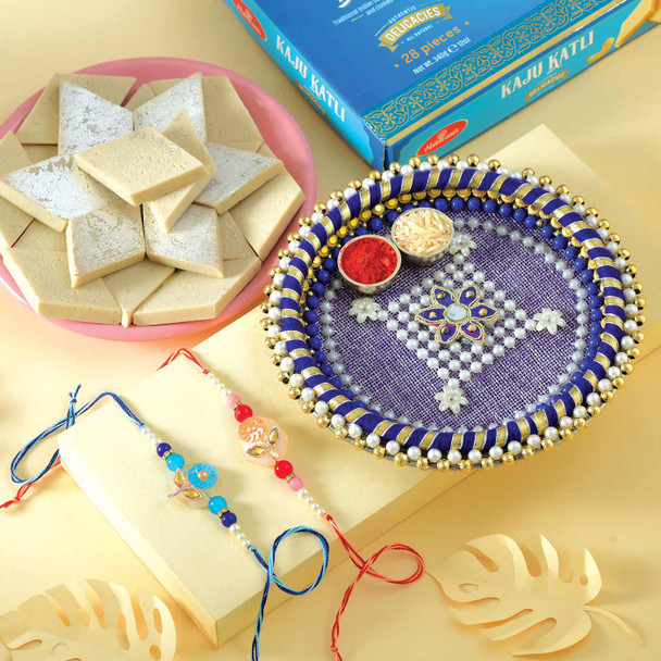 Magnificent Set of 2 Rakhi with Kaju Katli & Puja Thali - For Australia