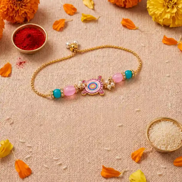 Elegant Rose-coloured Turtle Charm Bracelet Rakhi - For INDIA