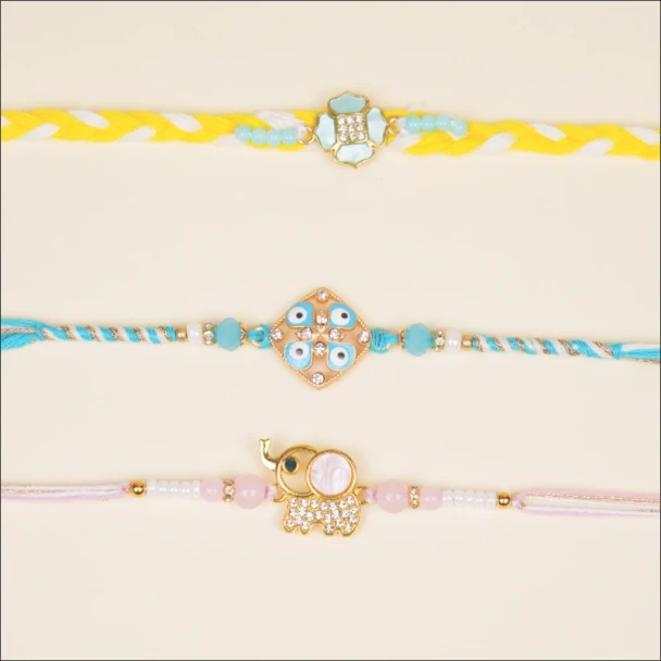 Colorful Beaded Set of 3 Rakhi - For INDIA