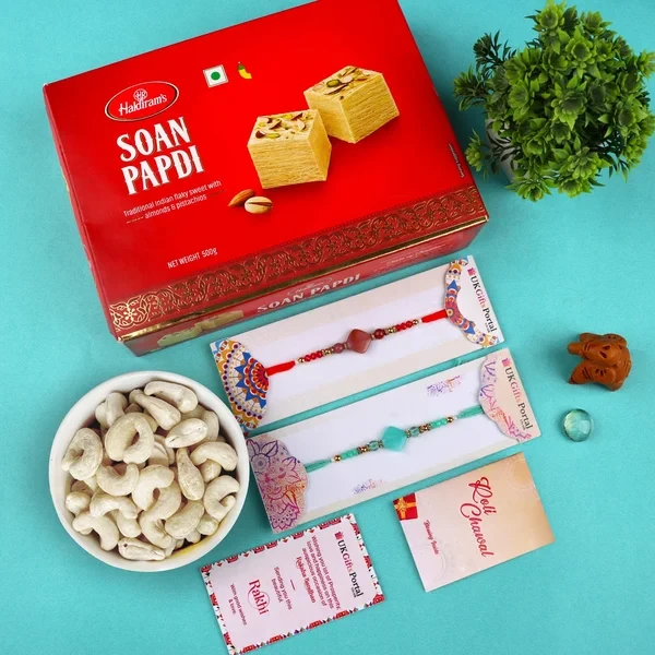 Crystal Set of 2 Rakhi with Soan Papdi n Cashew - For USA