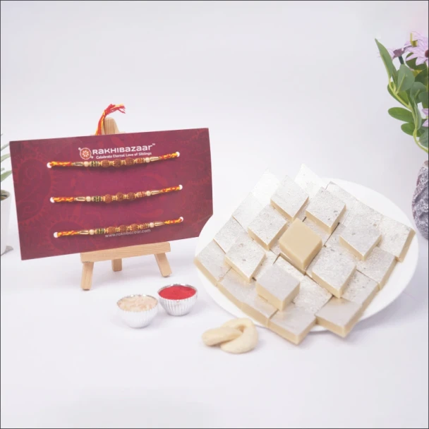 Rudraksha Rakhi Gift Pack with Kaju Katli- For India