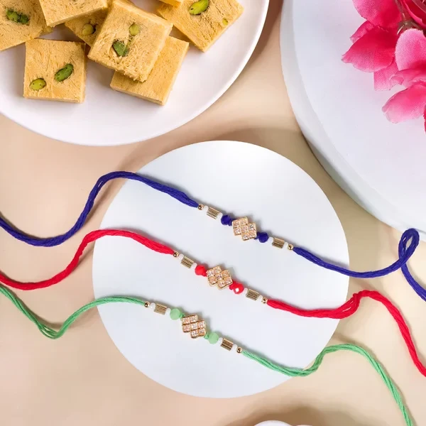 Colourful Rakhi Set with Soan Papdi Sweet - For Canada