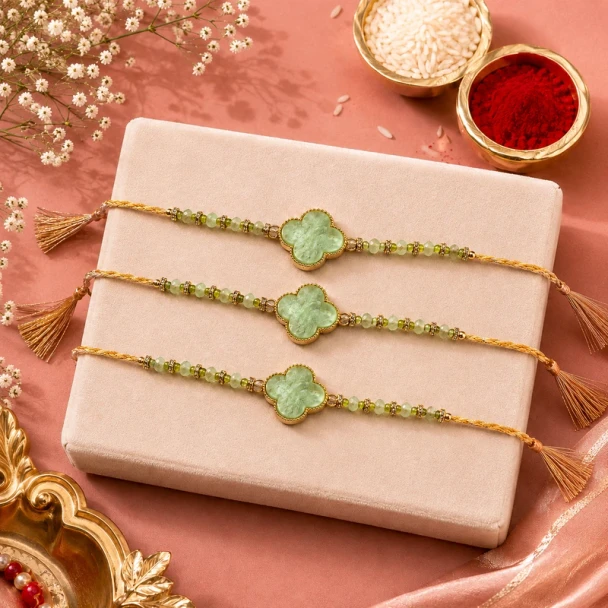 Charming Sage Green Clover Rakhi Set of 3 - For INDIA